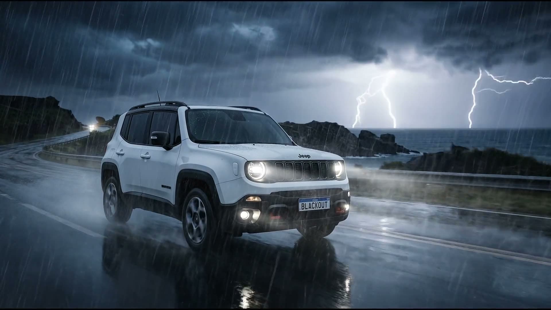 Para-brisa de um Jeep com chuva forte escorrendo